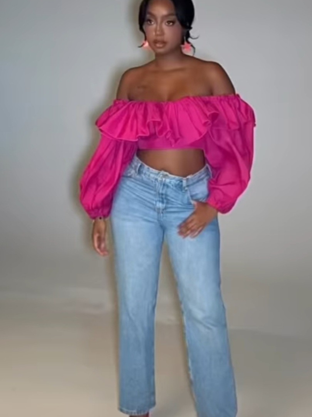 Off-Shoulder Ruffle Crop Top - Hot Pink